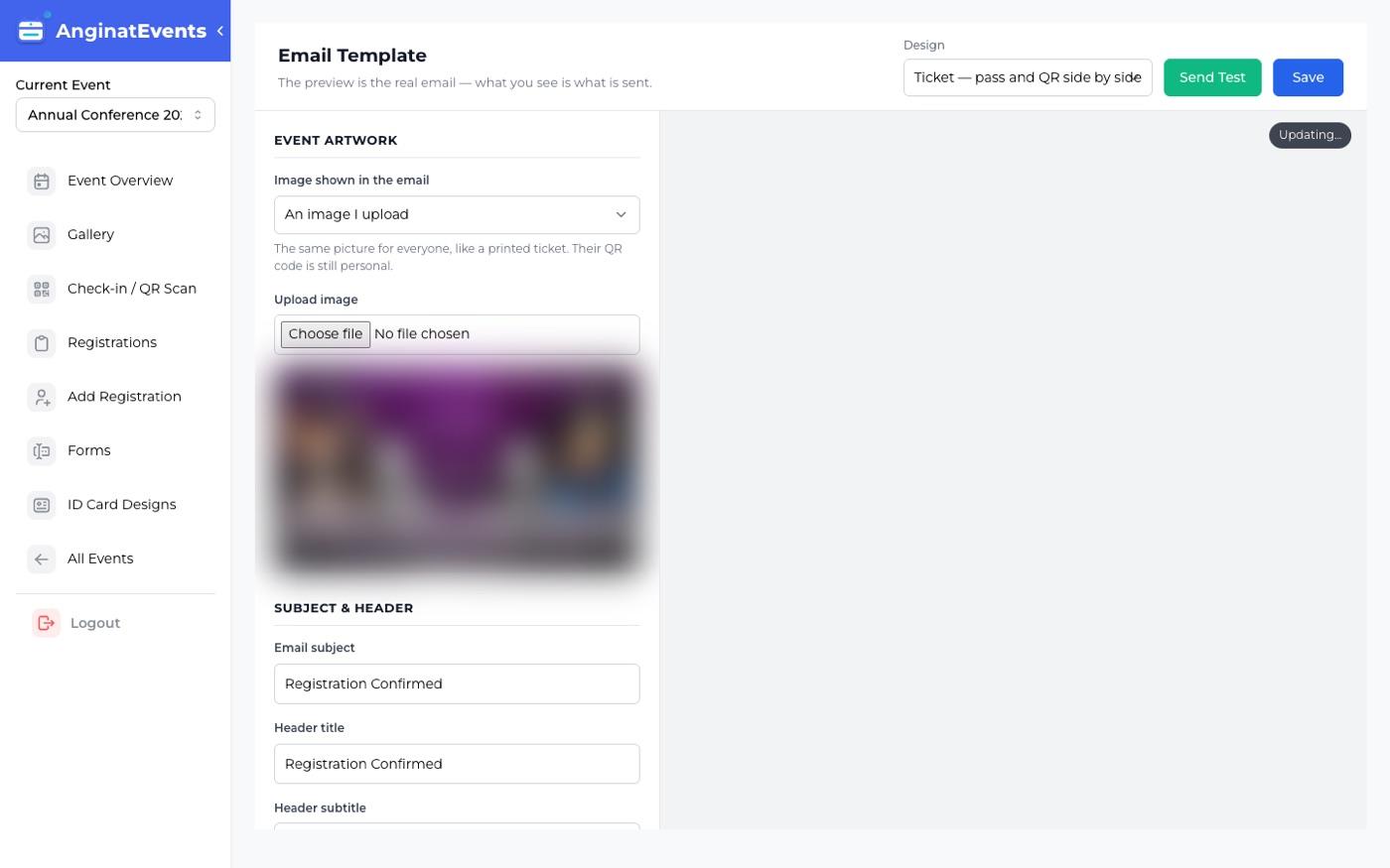 The email template editor, with the ticket design previewed beside the settings