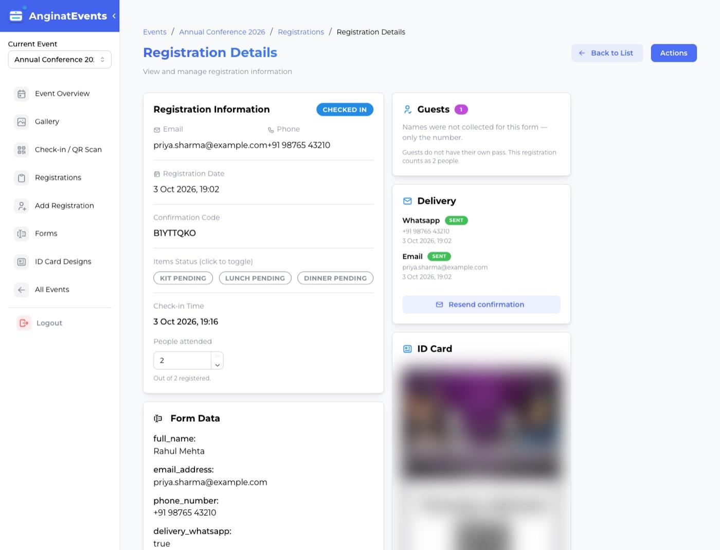 A registration showing guests, delivery status and the number of people attended